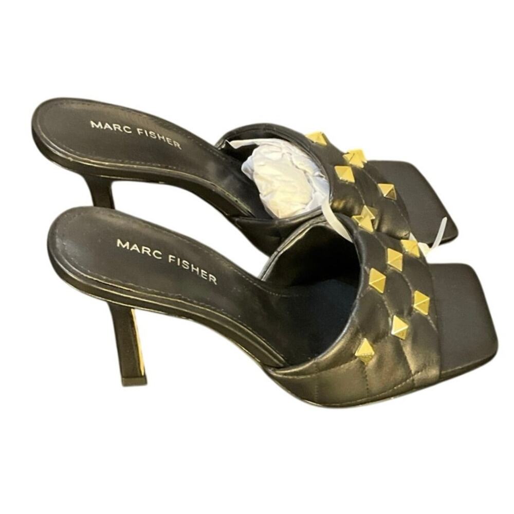 Marc Fisher Dacorin Studded Black Mule Heels 7.5 Square Toe NEW